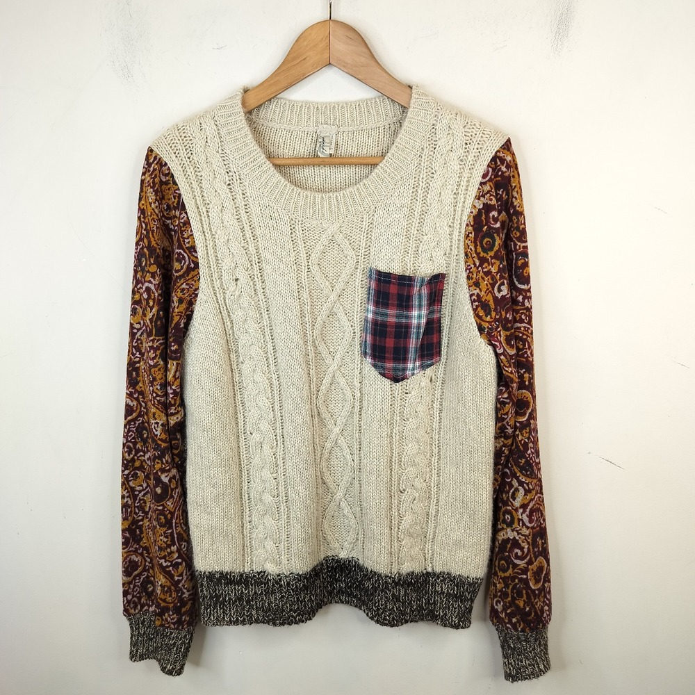 Gimmicks by BKE Mixed Media Sweater Large Wool Blend Lace Paisley Plaid Boho